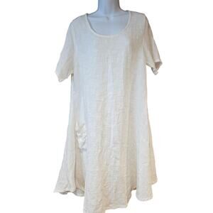Windhorse L/XL white, linen, asymmetrical flowy shirt dress with pockets, boho